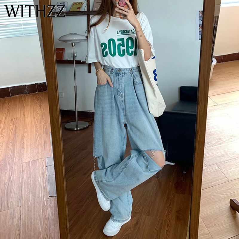 

WITHZZ Spring Summer Woman's Loose Hole Denim Wide Leg Straight Pants High Waist Female Jeans