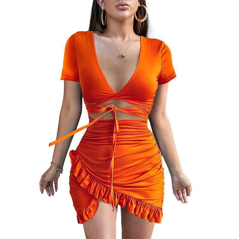 

Women's Summer Sundresses Temperament High Waist Sexy Short Skirt 2021 New V-Neck Hollow Lace Ruffled Irregular Dress LOUAEE