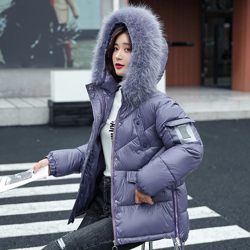 KoHuiJoo Winter Parkas Women 2021 Loose Cotton Padded Thick Faux Fur Collar Hooded Warm Puffer Parka Coat Pink Blue Khaki