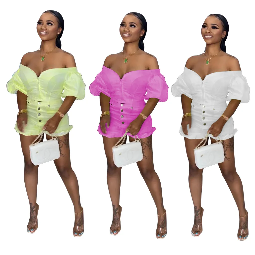 

Donsignet New Summer Fashion Pant Suit One Shoulder Solid Casual Ruffle Strapless Women's Suits Two-piece Suit