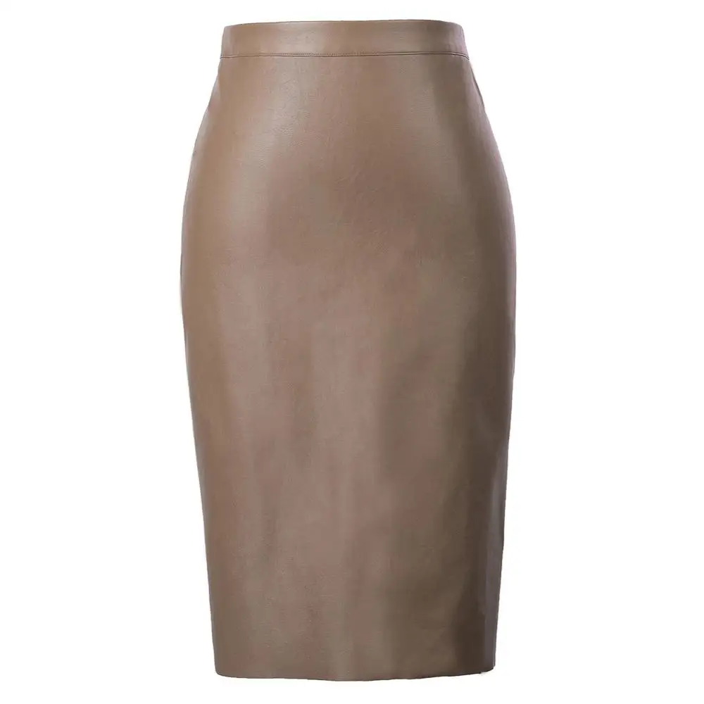 KK000601 Khaki Grace Karin, Женская юбка из искусственной кожи, красный/черный цвет, кожа юбка с высокой талией, асимметричные юбки, Офисная юбка-карандаш, длина до колена,облегающая юбка миди - Цвет: KK000601 Khaki