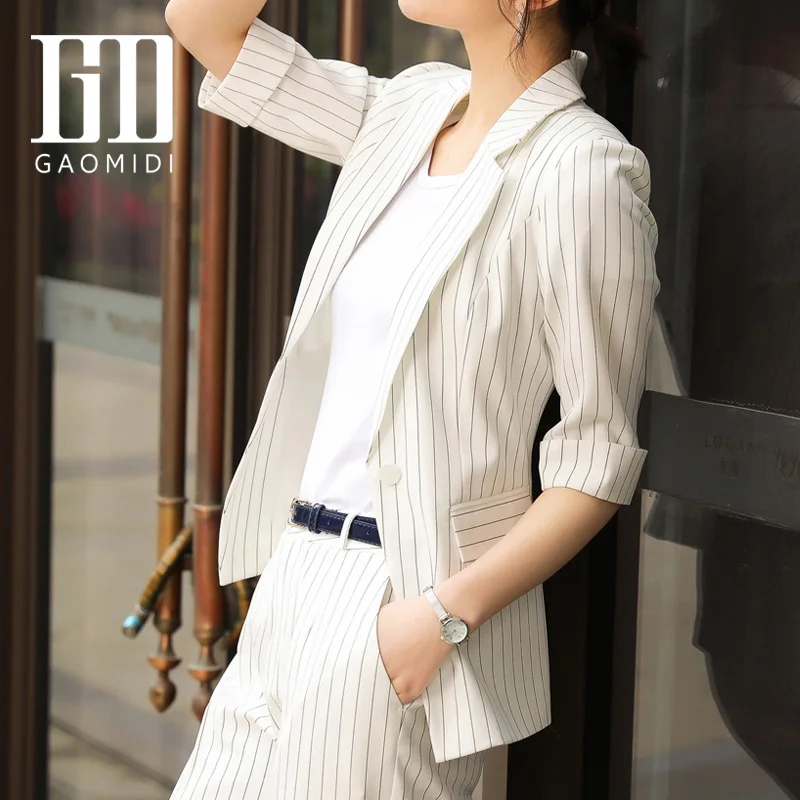 

Stripe Korean Ladies Blazer White Casual Loose Suit Jacket Simple Long Sleeve Vintage Office Spring Women's Clothing MM60NXZ