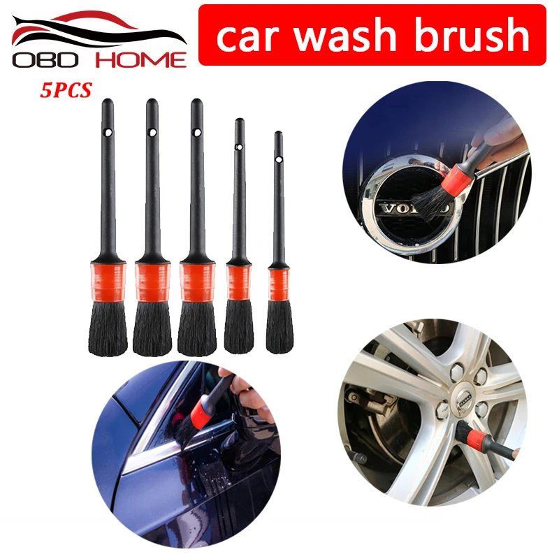 

LUDUO 5Pcs Car Cleaning Brush Natural Boar Hair Handle Car Detailing Brushes Set Dashboard Rims Wheels Beauty Car Refurbish Tool