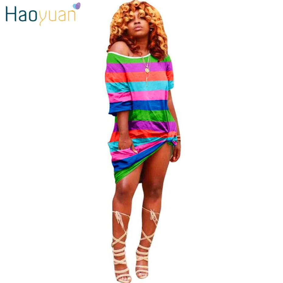 HAOYUAN Радужное Полосатое платье размера плюс, женская одежда Vestidos, повседневное свободное мини-платье с коротким рукавом, платье-рубашка размера d