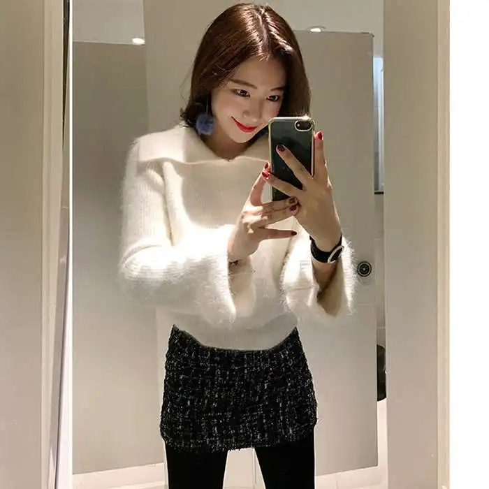 

JSXDHK Women Turn Down Collar Knitted Sweater Tops Autumn Winter Yellow Cashmere Soft Warm Female Falre Sleeve Loose Pullovers