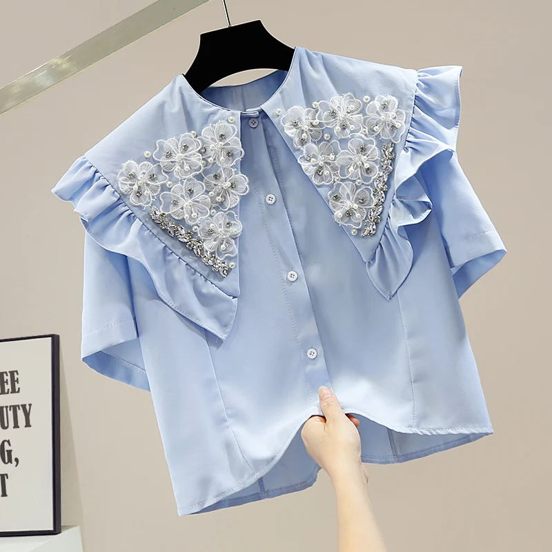 

Beads Diamond-Embedded Shirt Women New Sweet Tridimensional Flower Pleated Doll Large Lapel Chiffon All-Matching Blouse Crop Top
