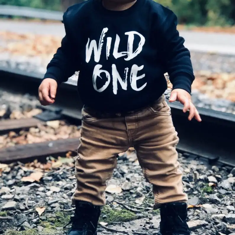 

Cute Wild One Letters Graphic Children Hoodie Kids Sweatshirt Boys Girls Black Long Sleeve Clothes Spring Winter Fashion Tops