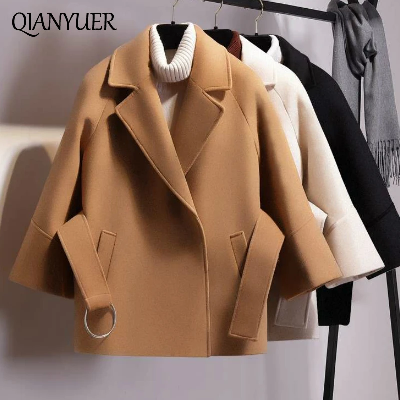 Осень Зима 2019 Новое модное женское Короткое шерстяное пальто с поясом Куртка