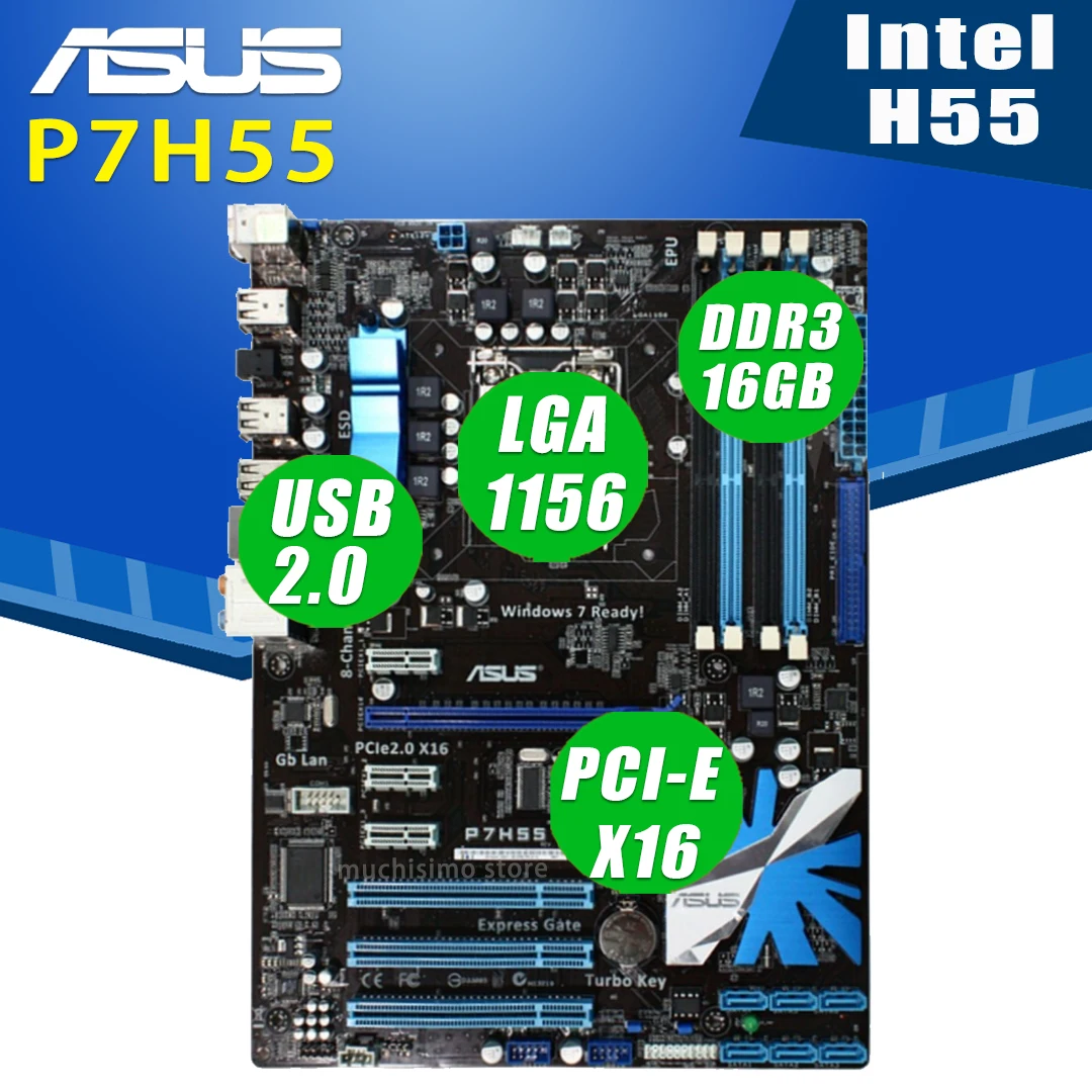 Материнская плата Asus P7H55 разъем 1156 LGA Core i7/Core i5/Core i3 16 ГБ USB2.0 Intel H55 материнская ATX б/у