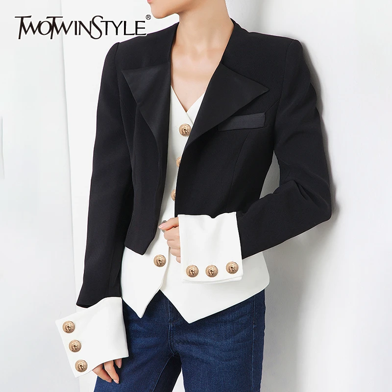 TWOTWINSTYLE Patchwork Hit Color Women's Coat V Neck Long Sleeve Single Breasted Korean Women's Autumn Jackets Fashion New