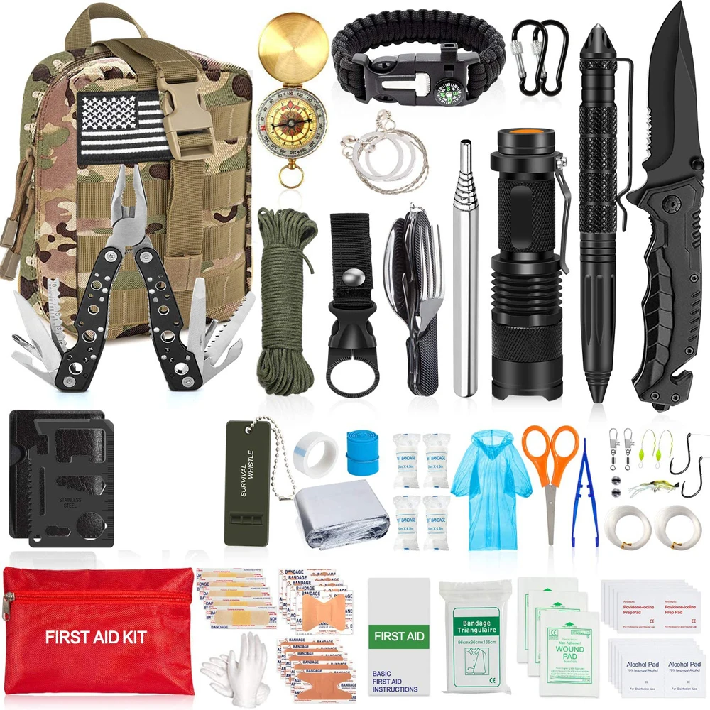 

125Pcs Emergency Survival Kit Professional Survival Gear Tool First Aid Kit SOS Tactical Compass with Molle Pouch for Camping