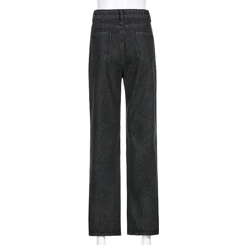 

WEPBEL High Waist Jeans Women's Casual Solid Color Ripped Chain Jeans Summer Fashion Loose Denim Straight-Leg Pants