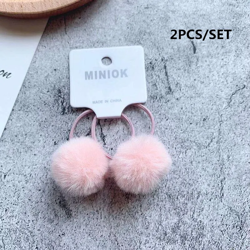 PINK-2PCS 2/8/10/12 шт Для детей резинки для волос галстуки с шариками для маленьких девочек плюшевая повязка для волос Веревка для девочек Аксессуары резинки для волос - Цвет: PINK-2PCS