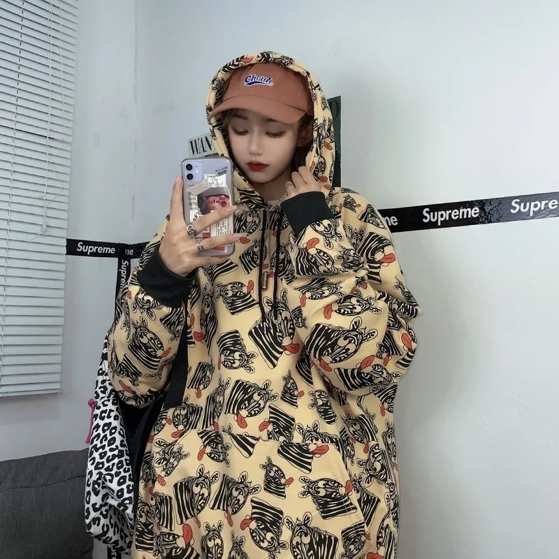 Модный осенний двойной капюшон с принтом зебры и длинным рукавом | Женская одежда
