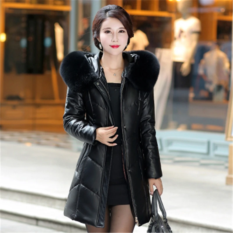 

Real Fox Fur Collar Fashion Genuine Leather Jackets Women Sheepskin Coats Plus Size Leather Down Coat Jaquetas Feminino Okb189