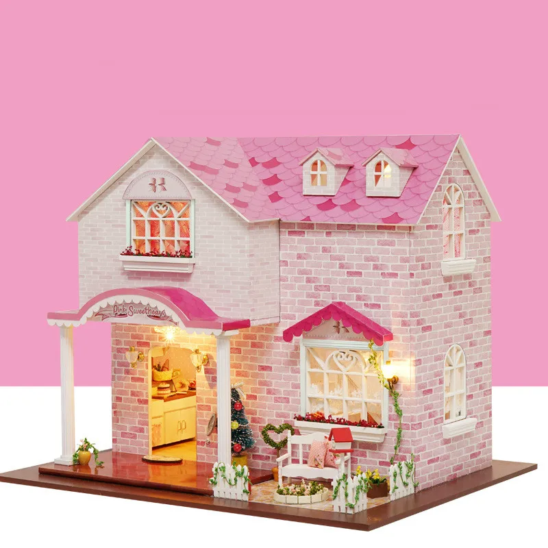 

LED Cute Pink Villa doll house furniture diy dollhouse wood diy doll house miniature dollhouse furniture children home Toys gift