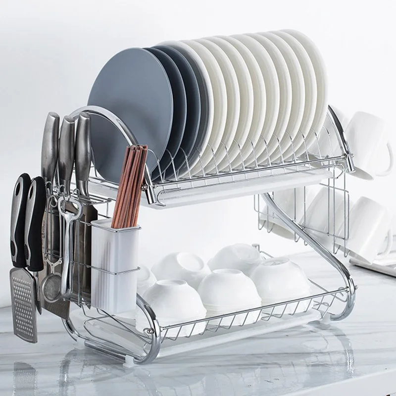 

Large Dish Drying Rack Cup Drainer 2-Tier Strainer Holder Tray Stainless Steel Kitchen Accessories JAN88
