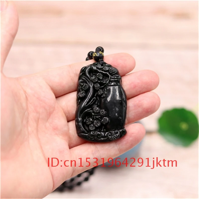 Obsidian Plum Carved Pendant Charm Amulet Vase Green Natural Men Black Jade Blossom Jewelry Gifts Necklace for Chinese | Украшения и