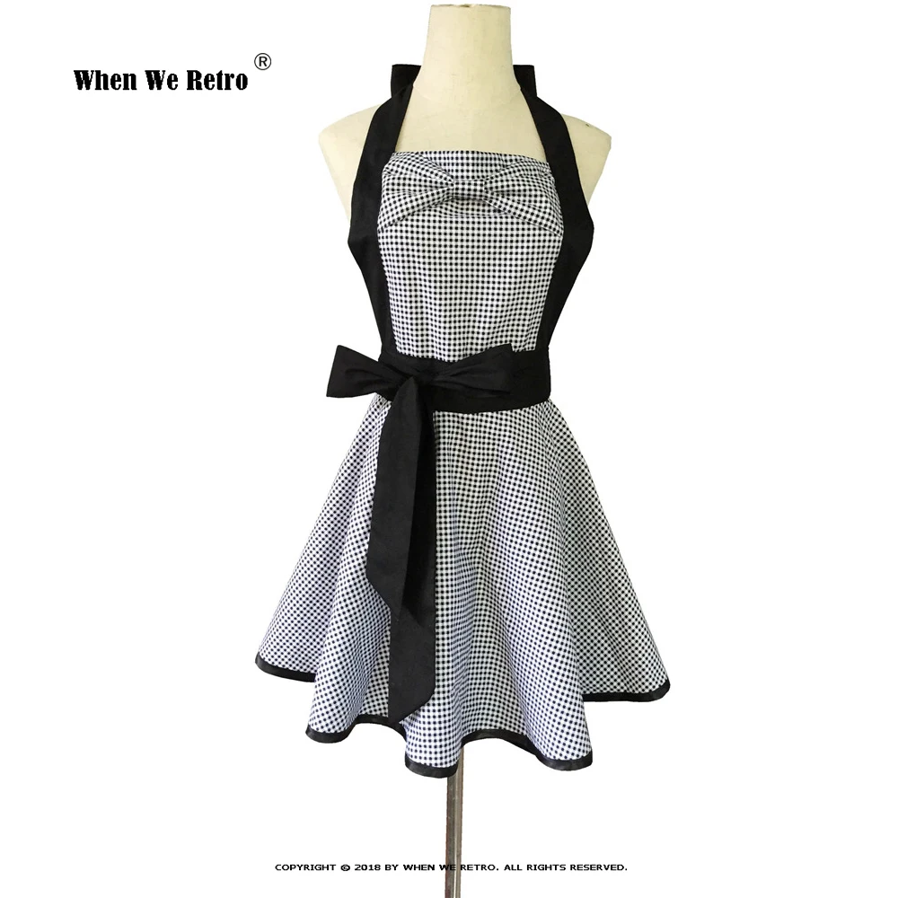 Plaid Retro Cotton Vintage Apron VD2517 Halter Bow Milk Tea Shop kitchen work Aprons for Women Waitress Clothing |