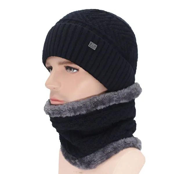 black set Бренд Skullies Beanies мужские зимние шапки для мужчин шарф вязаная шапка Кепка, зимняя шапка Beany мужская Homme X Gorro береты-кепки - Цвет: black set