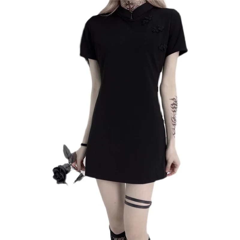 

GothGotik Gothic Harajuku Style Vintage Black Shirt Shorts Set Cheongsam Style Slim Bodycon Sexy Summer Streetwear Party Club