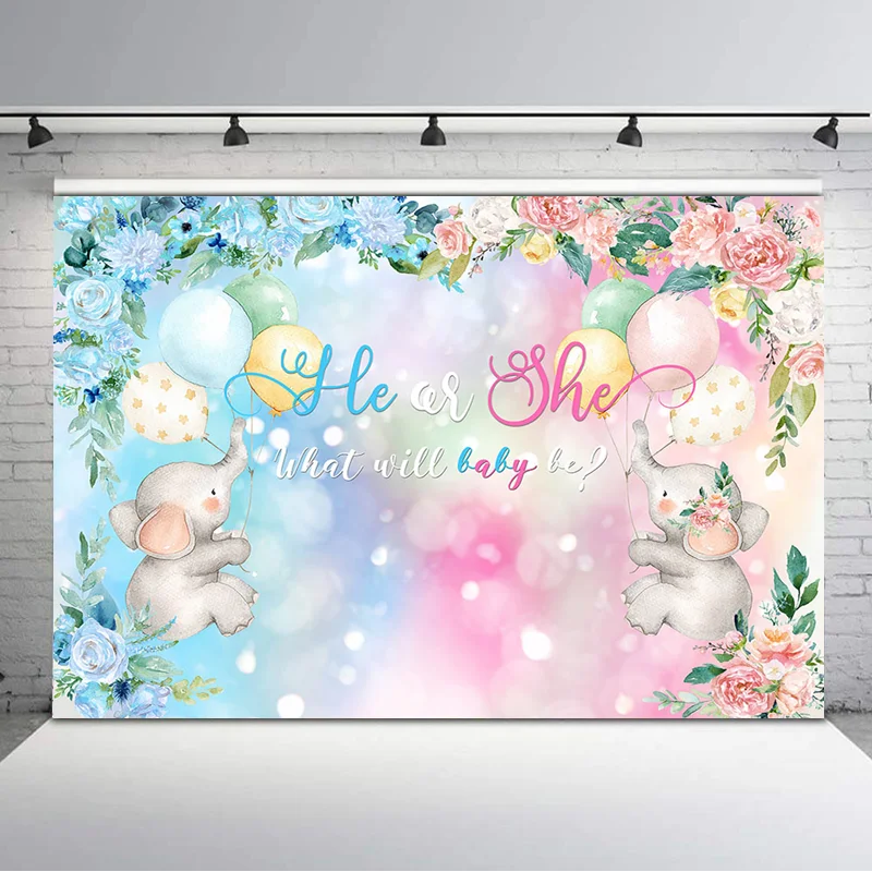 

Cute Elephant Gender Reveal Backdrop Blue or Pink Flower Baby Shower Photography Background Balloon Party Decor Banner Backdrops
