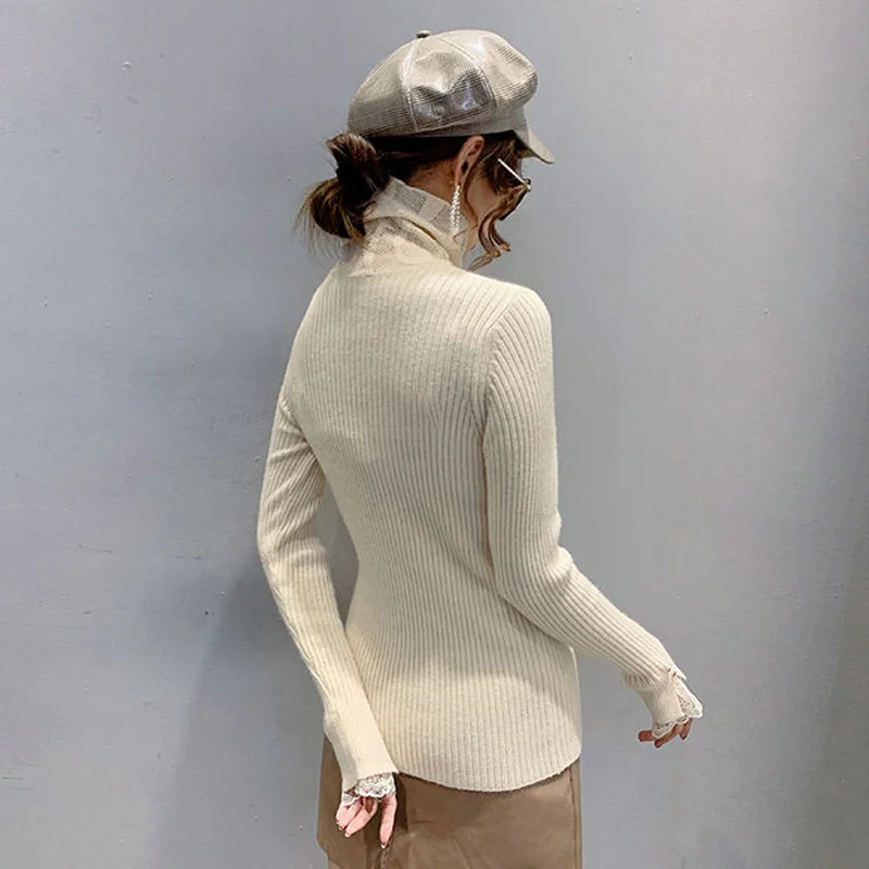 2021 Winter Thick Turtleneck Knitted Sweater Elegant Lace Patchwork Slim Pullovers Women Korean Chic Fleece Lined Warm Knitwear | Женская
