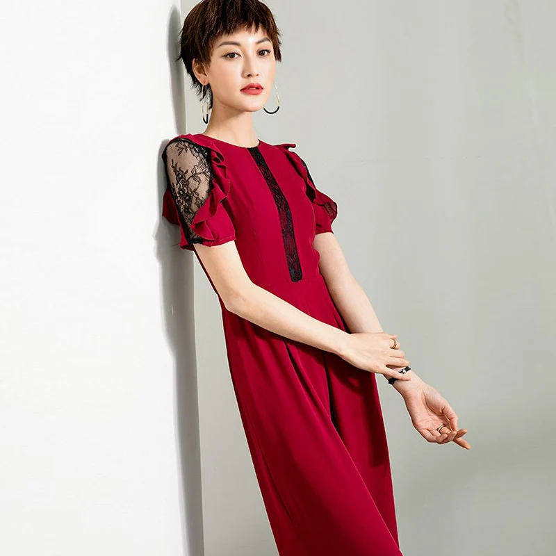 2020 Women Summer Party Jumpsuits Formal Chiffon Elegant Wide Leg Women Customize Lace Red Rompers Jumpsuit Plus Size 3XL 4XL