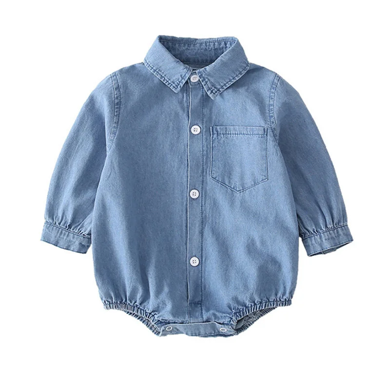 

Spring 2021 Baby Solid Color Denim Bodysuits Newborn Brother Sister Fashion Long Sleeve Clothing 0-2Y