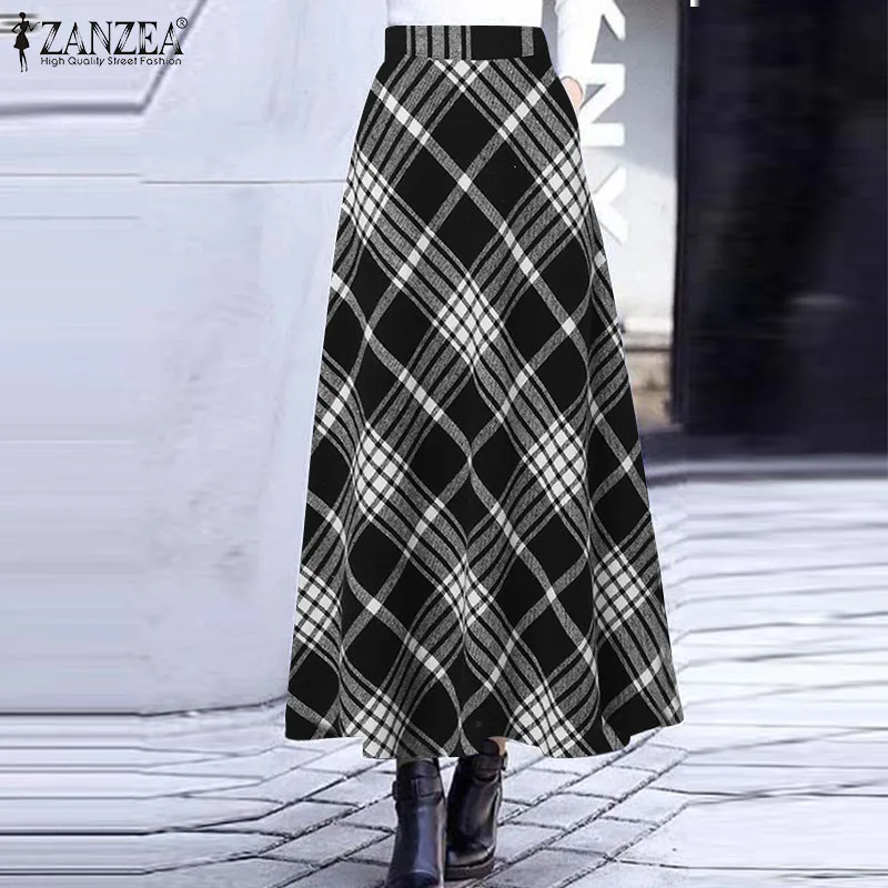 

Winter Autumn Long Skirt ZANZEA Vintage Women Plaid Checked Skirts Stylish High Waist A-line Faldas Saia Zipper Work Skirts Jupe