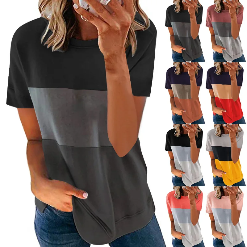 

Женское повседневное свободное контрастное платье-футболка с коротким рукавом, лето 2021