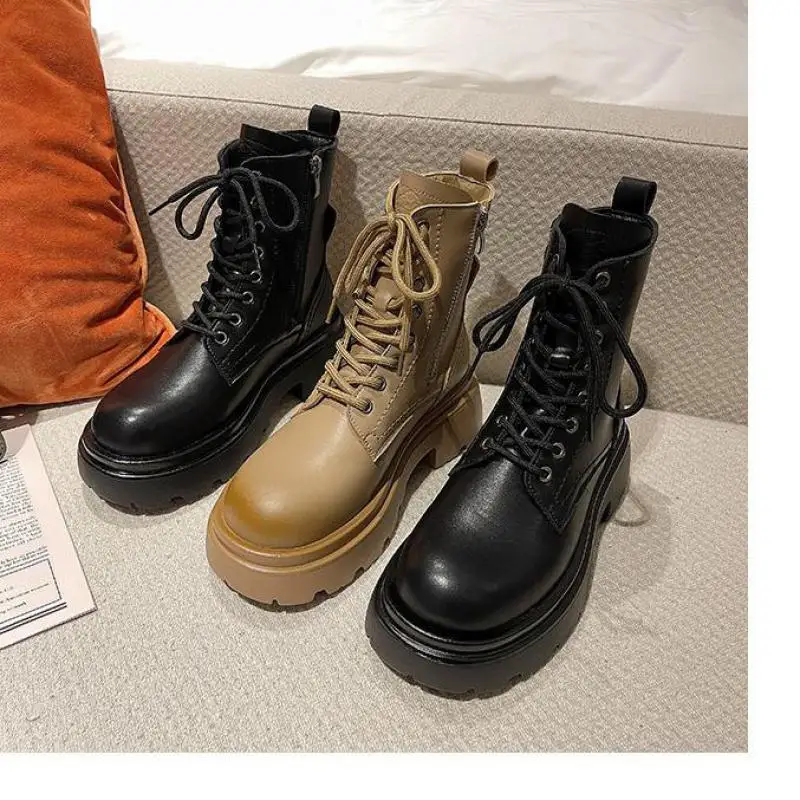 Short women's winter European fashion belt buckle round toe platform shoes ankle sexy motorcycle boots increase