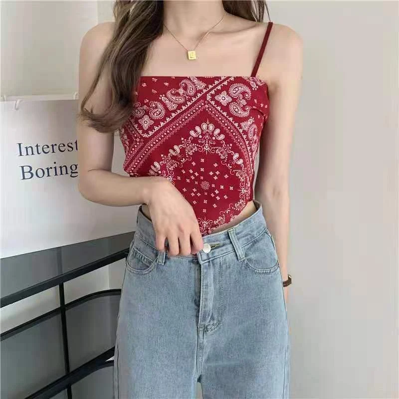 

Vintage Cami Casual Print Tops Vest Femme Camis Spaghetti Strap Padded Tanks Tops Camisole Women Lingerie CropTop Sexy Bras