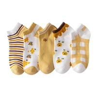 5pair low cut women socks set summer thin yellow bee cute soft breathable cotton socks japanese lattice stripe kawaii calcetines
