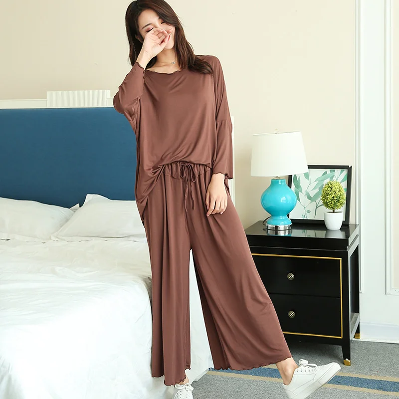 

Women's long sleeved loose pajamas, large suit, two-piece set, wide leg pants