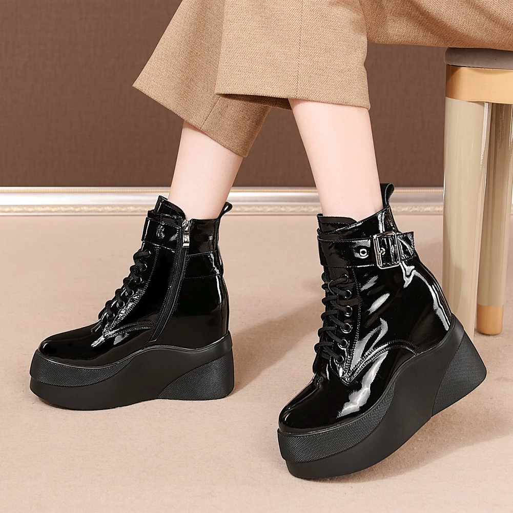 

BONJOMARISA High Platform Ladies Ankle Boots Genuine Leather Height Increasing High Heels Lace Up Boots Women Buckle Shoes Woman
