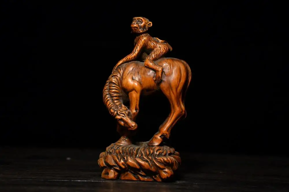 

Wedding Decoration 5" China Lucky Seikos Boxwood Chinese Zodiac Horse Monkey Statue Immediately seal waiting for woodcarving