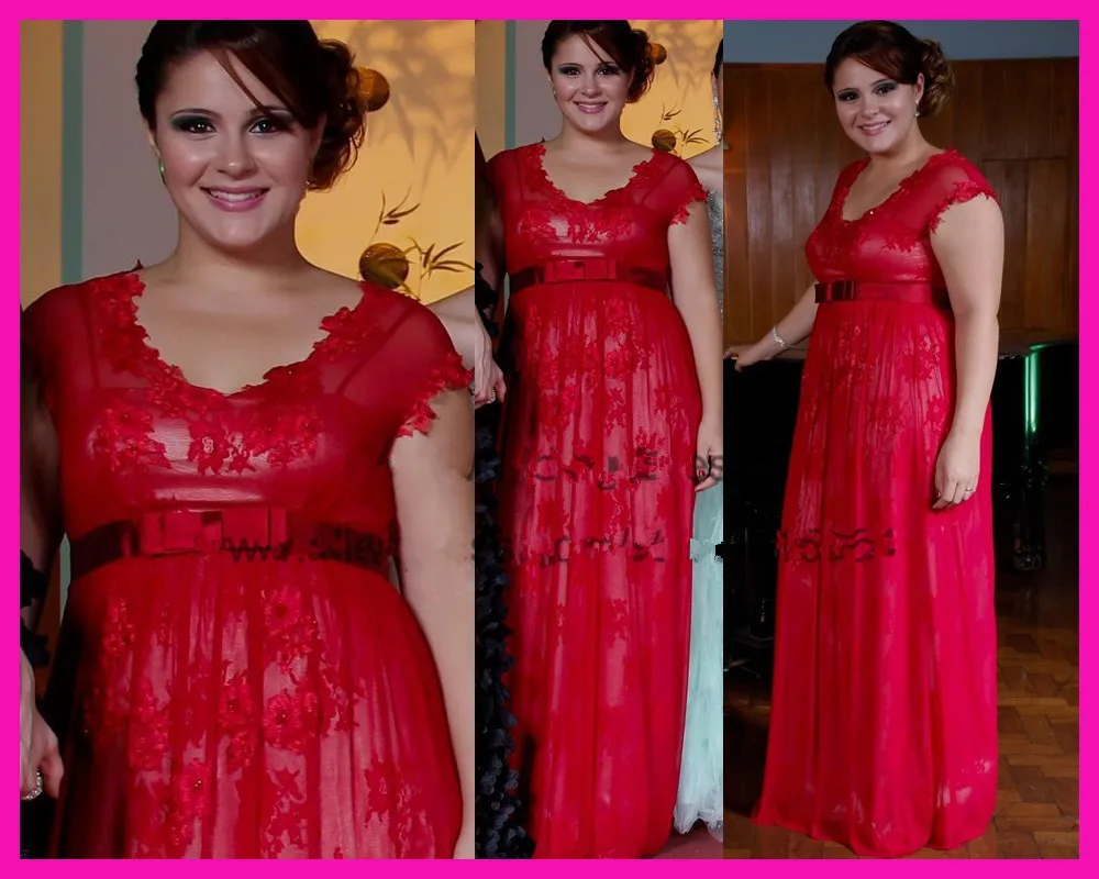 

2019 Plus Size Red Lace Scoop Cap Sleeve Belt Long Chiffon robe de soiree Evening dress Prom formal dress evening dresses long