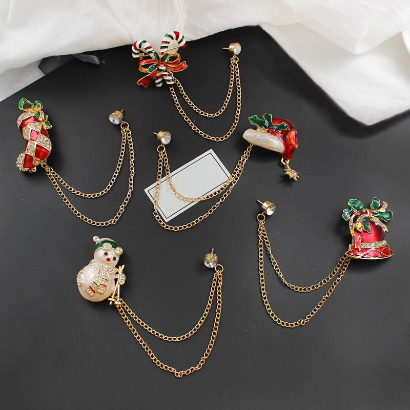 Christmas Brooches Tassel Brooch Gifts Jewelry Snowman Xmas Hat Decor Men Suit Shirt Collar Needle Buckle Lapel Pins Chain | Украшения и