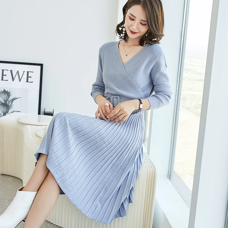 Женское трикотажное платье свитер однотонное элегантное Плиссированное Платье