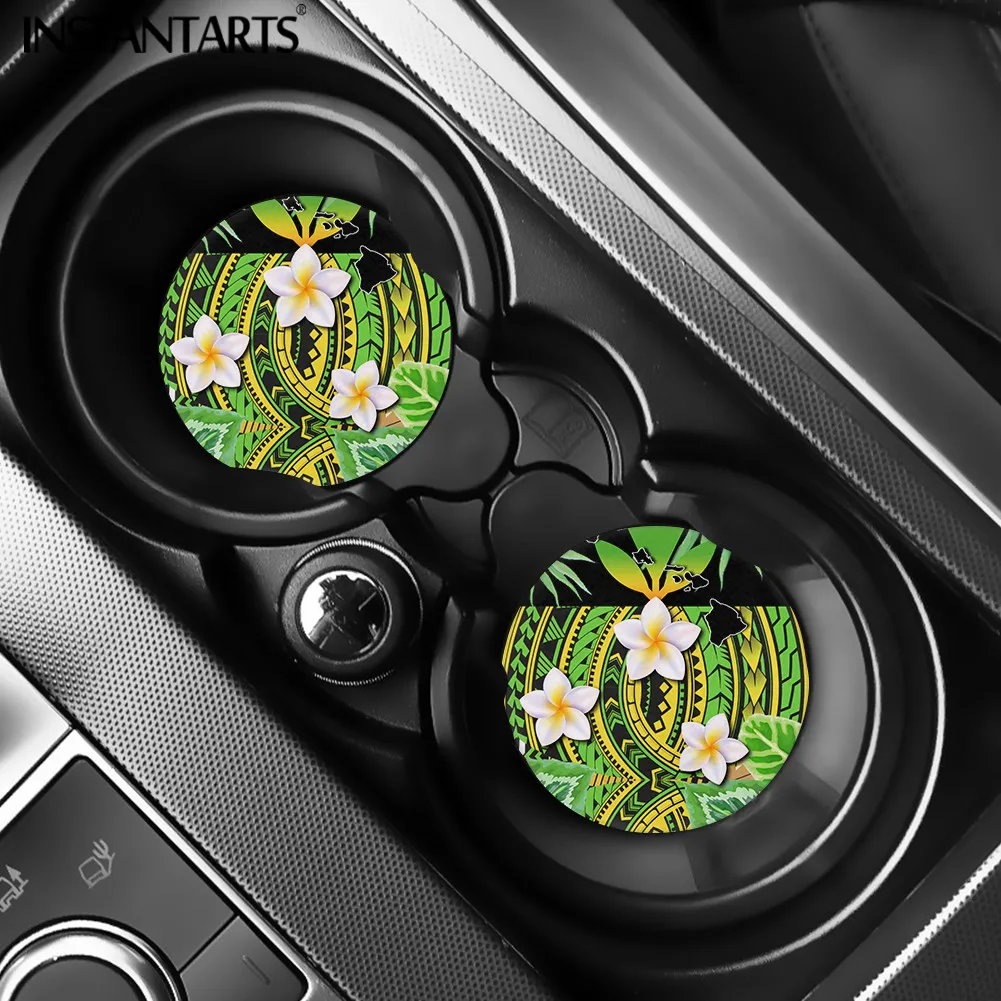 

INSTANTARTS Polynesian Plumeria Pattern Easy Removal 2pcs Auto Cupholder Coasters Fashion Car Drink Coasters Small Accessories