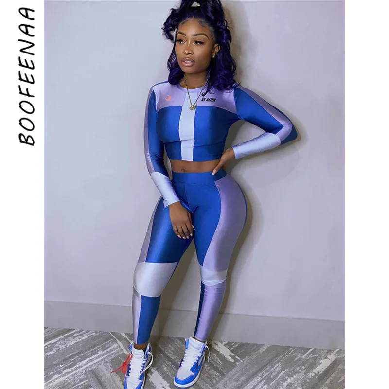 Женский спортивный костюм BOOFEENAA синий комплект из двух предметов облегающий