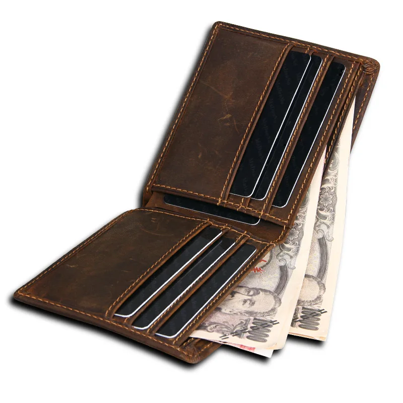 Popular Men's Retro Money Collet Layer Crazy Horse Leather Wallet Custom RFID Casual Short Wallet