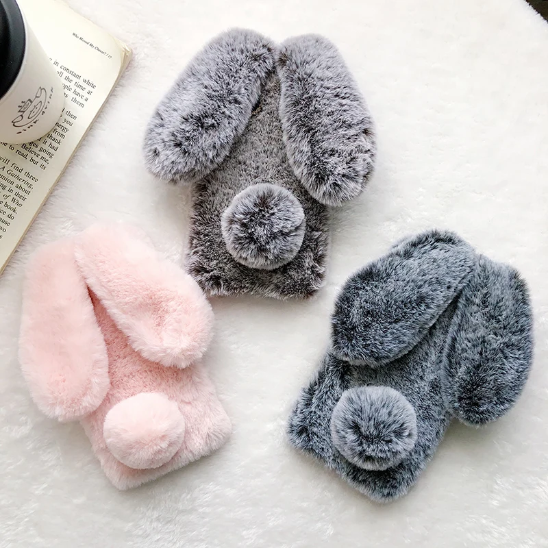 

Cute Rabbit Ears Fur Plush Phone Case for iPhone XS Max XR X 11 12 mini Pro Max Warm Cover for iPhone6 6S 7 8 Plus SE 2020 Cases