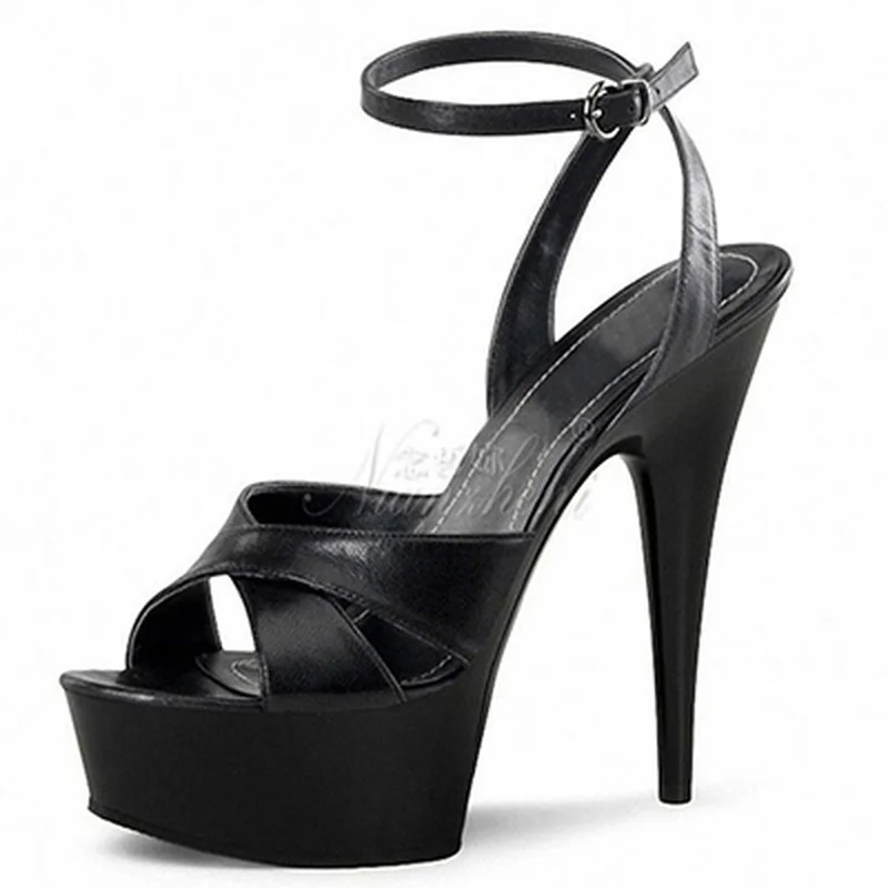 

Mclubgirl 15cm Heels Fashionable Round Head Black Patent Leather Fish Mouth High-heeled Shoes Bag Heel Night Girls Sandals LYP