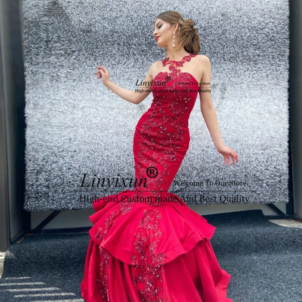 

Сексуальное красное платье-Русалка для выпускного вечера 2021, Кружевная аппликация без рукавов с круглым вырезом, вечернее платье, изготовл...
