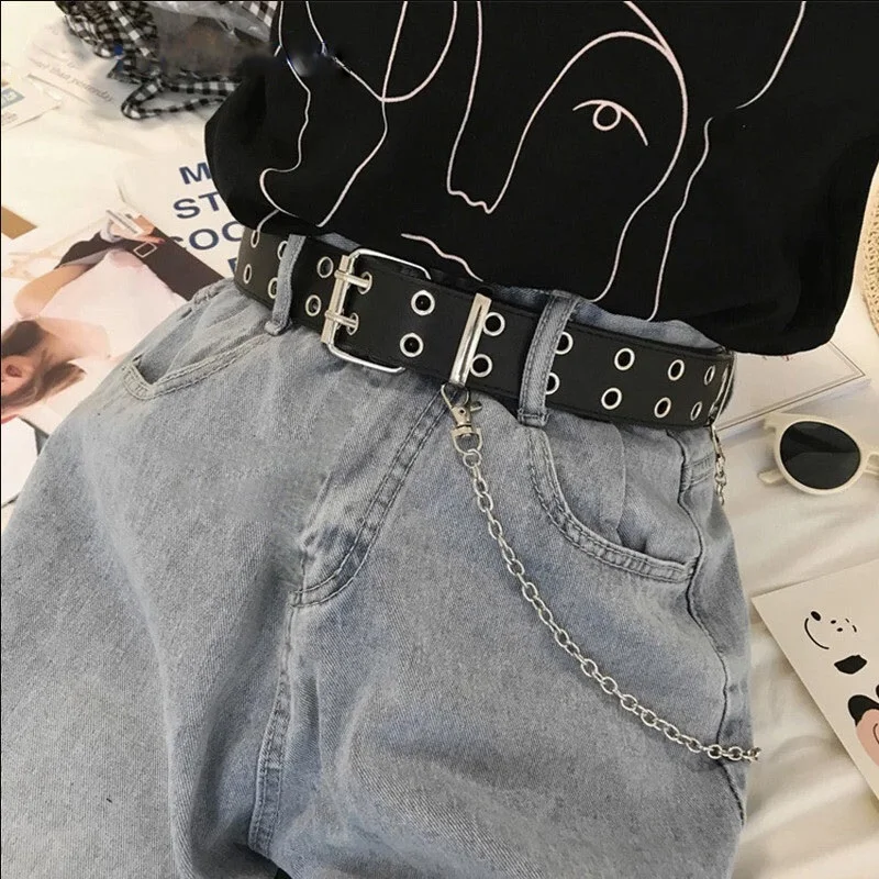 

Fashion Harajuku Women Punk Chain Belt Adjustable Black Double/Single Eyelet Grommet Metal Buckle Leather Waistband For Jeans