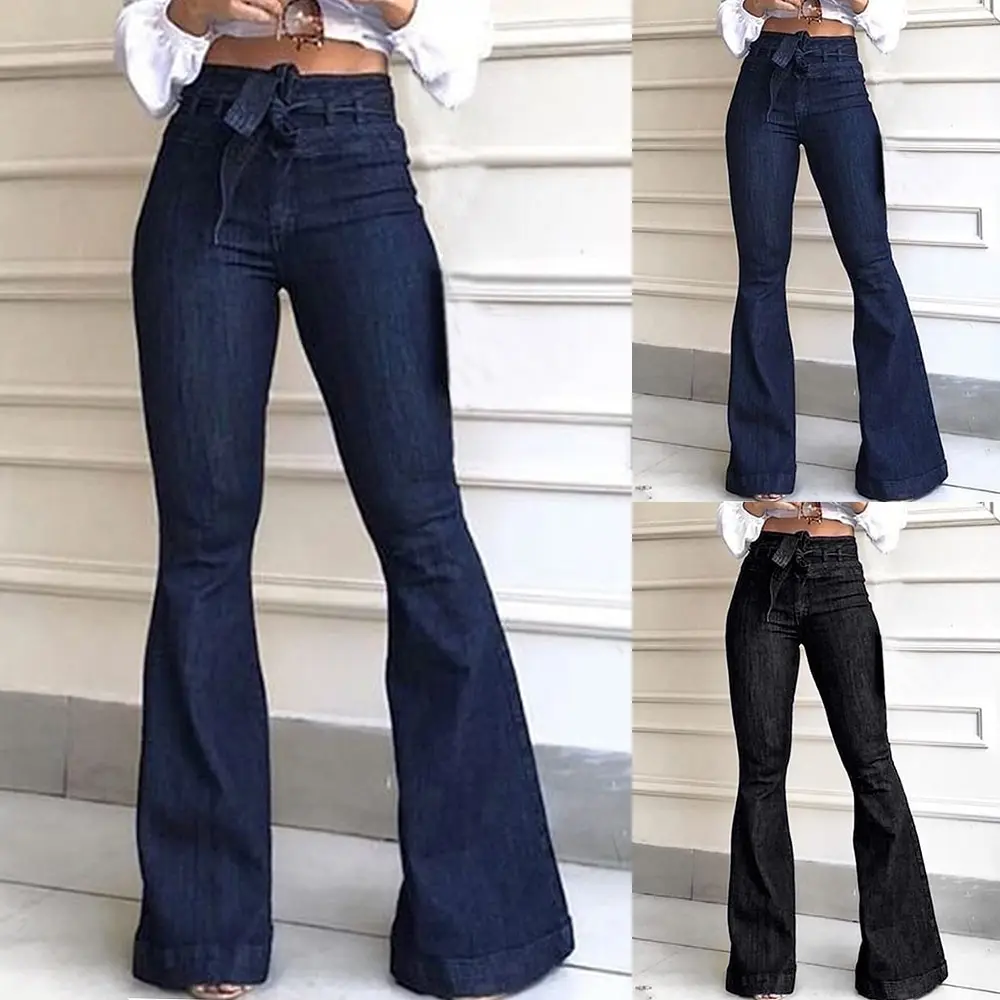 

Women High Waist Bandage Wide Leg Denim Jeans Ladies Stretch Fare Long Pants