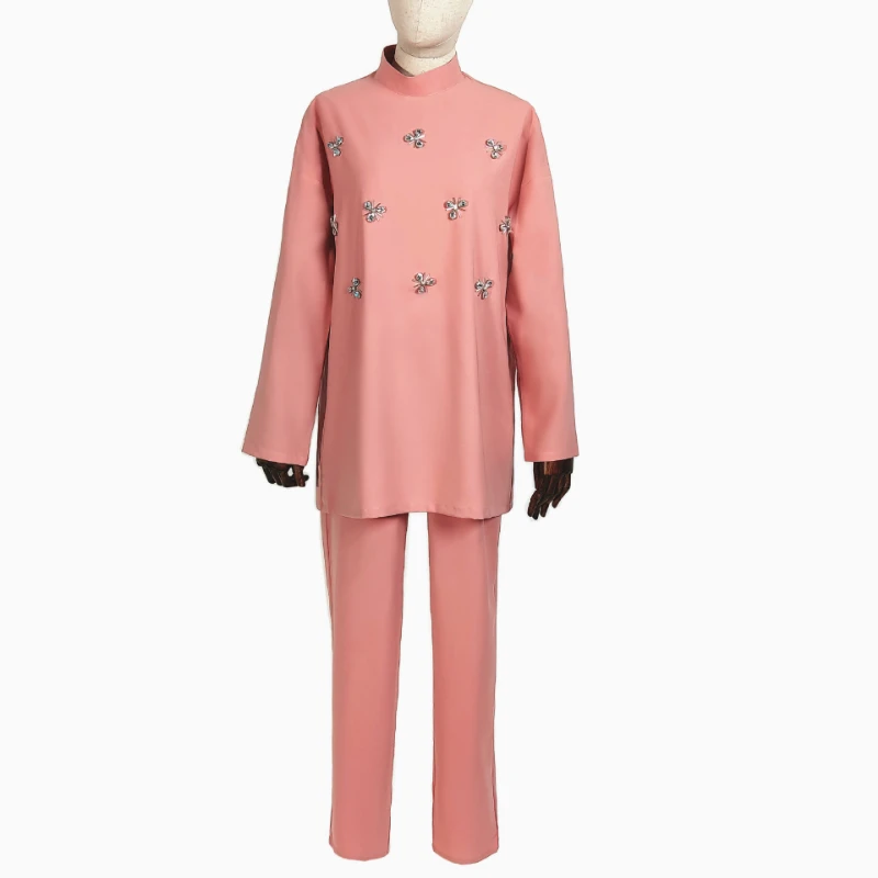 

Middle Dubai Abaya Pink Handmade Nail Diamond Suit Muslim Pakistani Clothes Women's Tops Pants Southeast Asian Women's Clothing