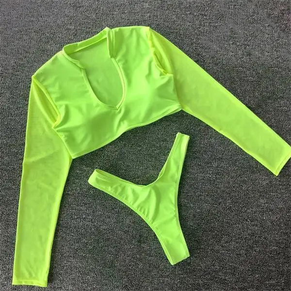 Женский купальник с длинным рукавом, сексуальные стринги, купальник, пуш-ап, бикини, Одноцветный, комплект бикини, бразильский купальник, Мягкий купальник - Цвет: TFYY067GR